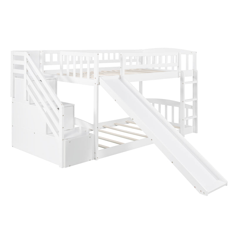 Stairway Twin over Twin Bunk Bed with Two Drawers and Slide