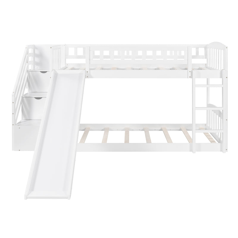 Stairway Twin over Twin Bunk Bed with Two Drawers and Slide