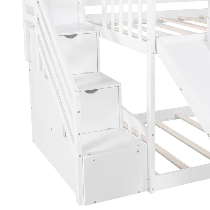 Stairway Twin over Twin Bunk Bed with Two Drawers and Slide