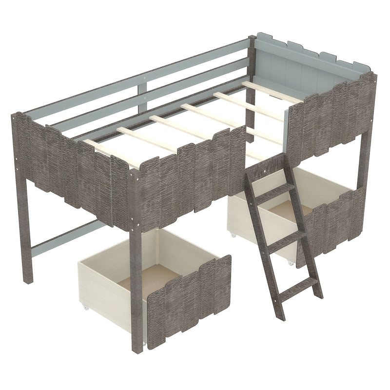 Twin Size Rustic Loft Bed with Two Drawers