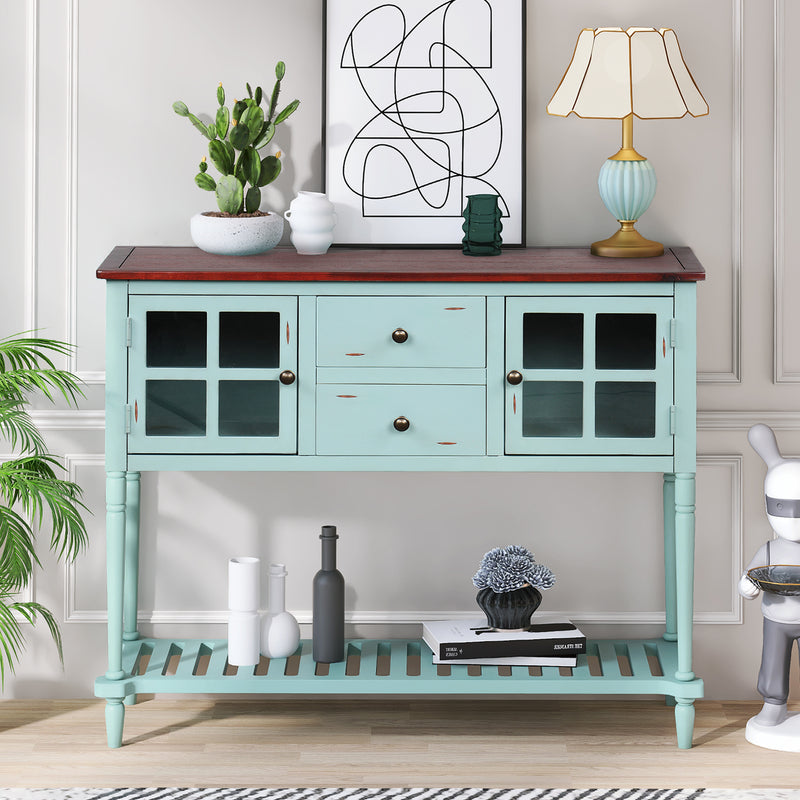 Sideboard Console Table with Bottom Shelf, Farmhouse Wood/Glass Buffet Storage Cabinet Living Room