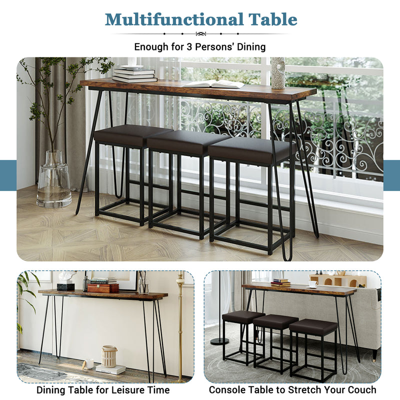 Updated 4 Pieces Counter Height Extra Long Dining Table Set with 3 PU Stools Bar Kitchen Table Set Console Table,Rustic Brown Table+Black Stool