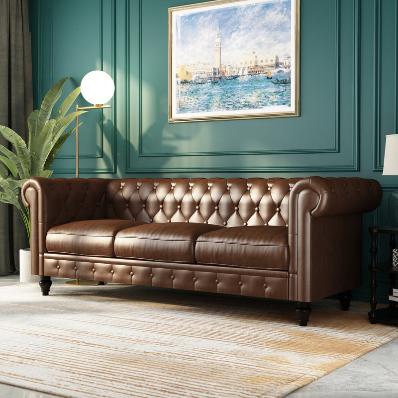 88\' PU Rolled Arm Chesterfield Sofa