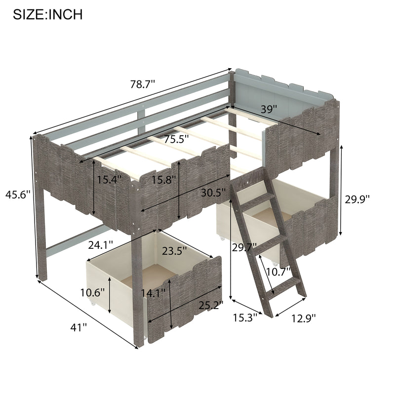 Twin Size Rustic Loft Bed with Two Drawers