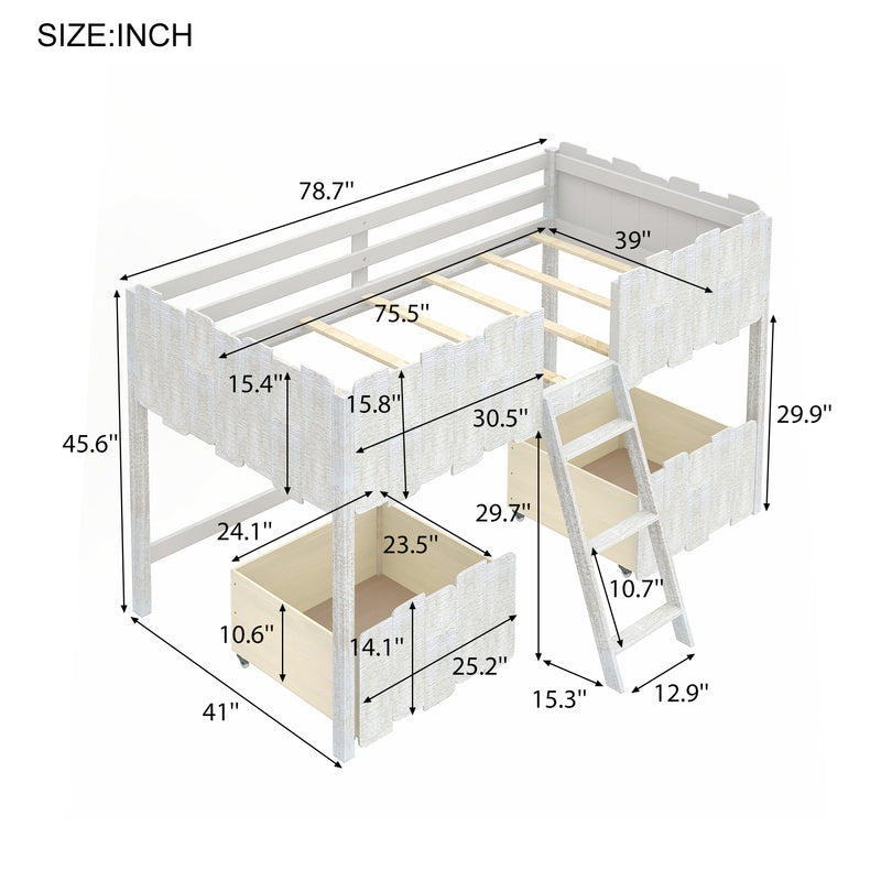 Twin Size Rustic Loft Bed with Two Drawers