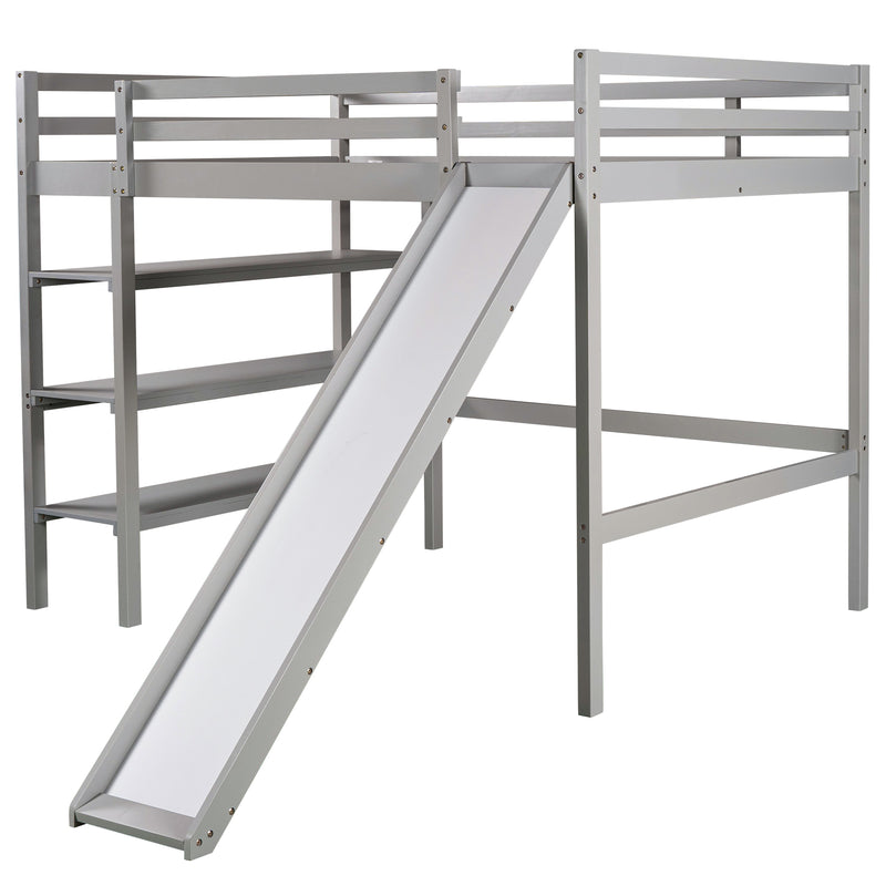 Twin/Full Size Loft Bed with Shelves over Twin Separate Platform Bed ,Gray