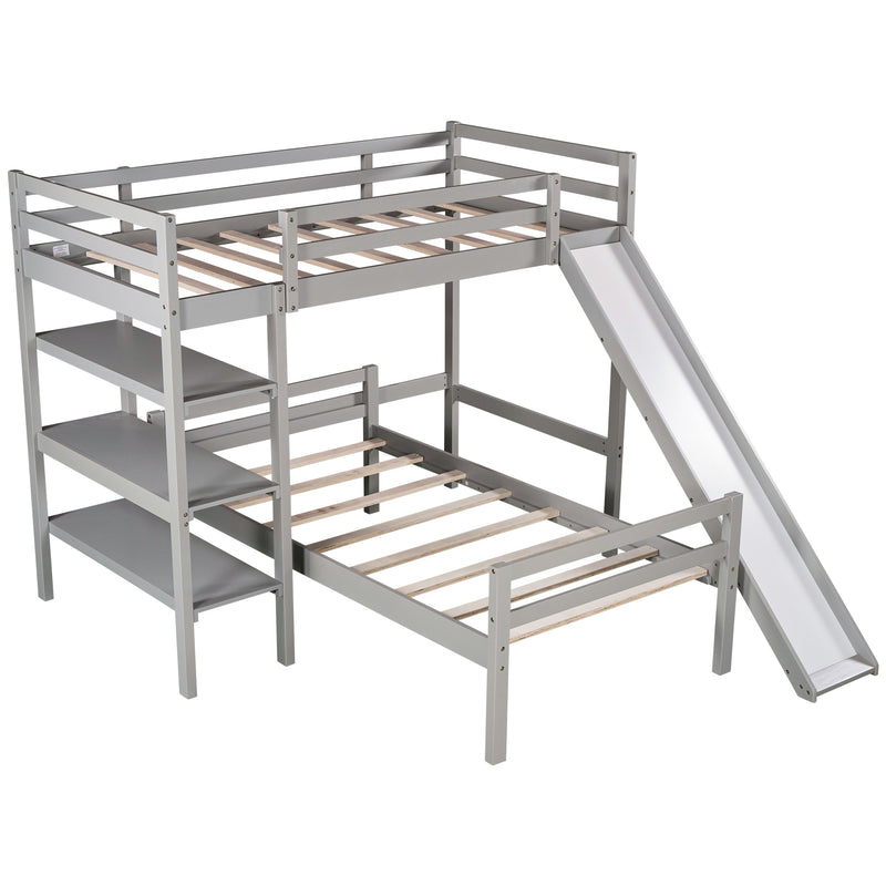 Twin/Full Size Loft Bed with Shelves over Twin Separate Platform Bed ,Gray