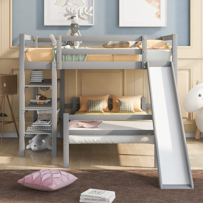 Twin/Full Size Loft Bed with Shelves over Twin Separate Platform Bed ,Gray