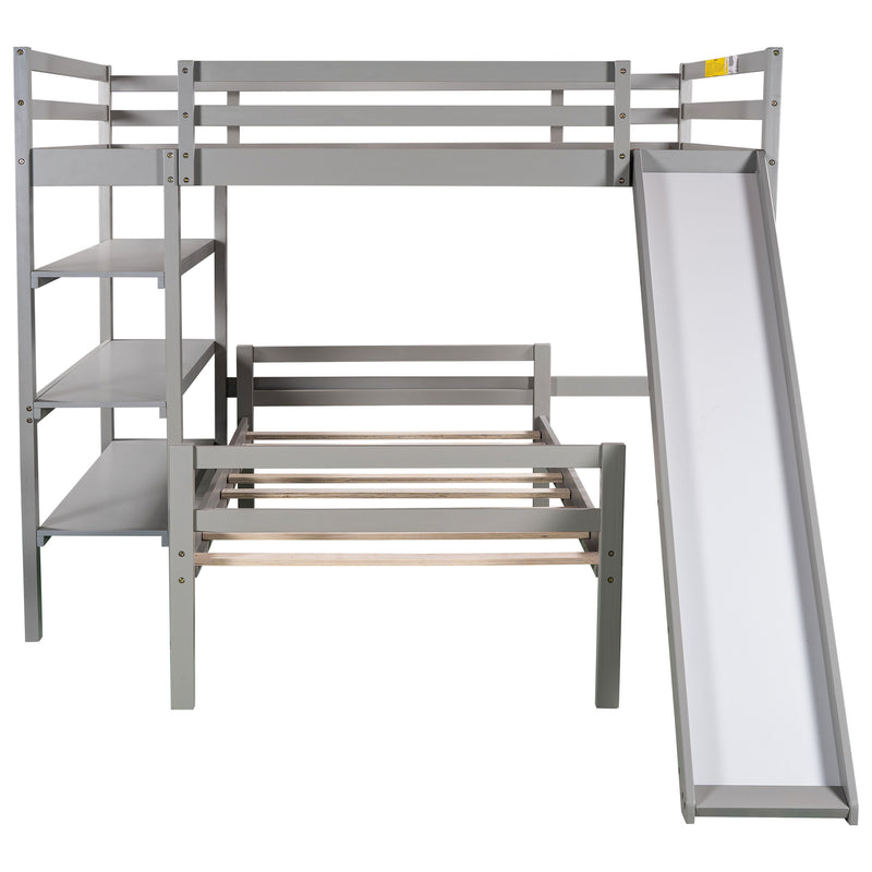 Twin/Full Size Loft Bed with Shelves over Twin Separate Platform Bed ,Gray