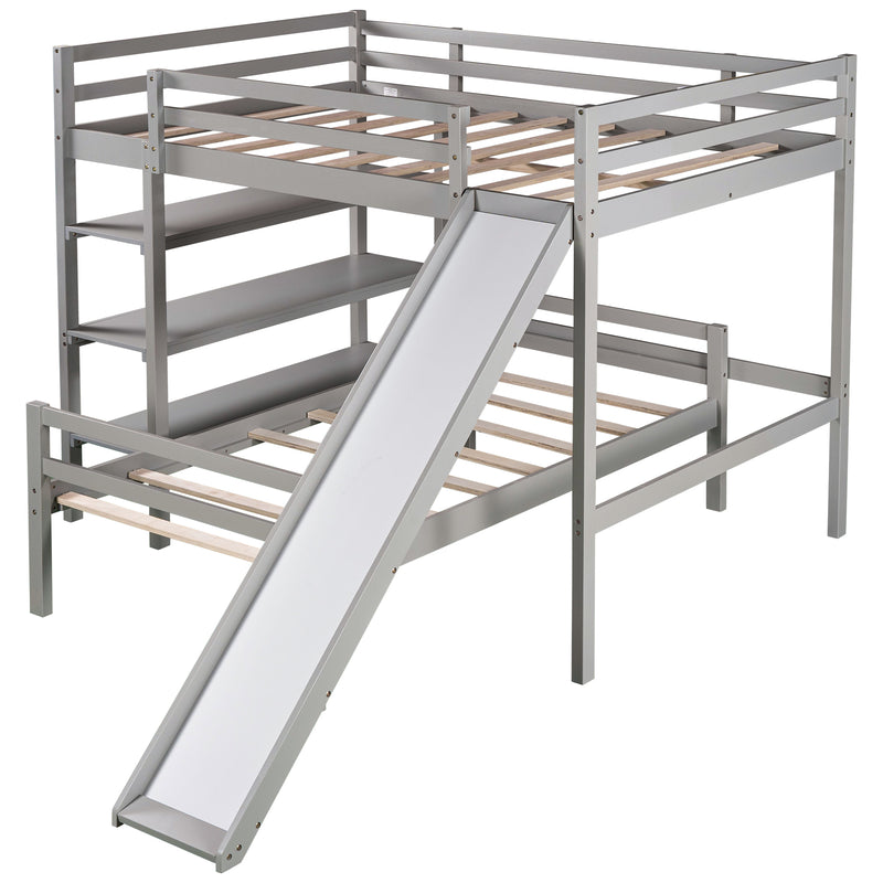 Twin/Full Size Loft Bed with Shelves over Twin Separate Platform Bed ,Gray