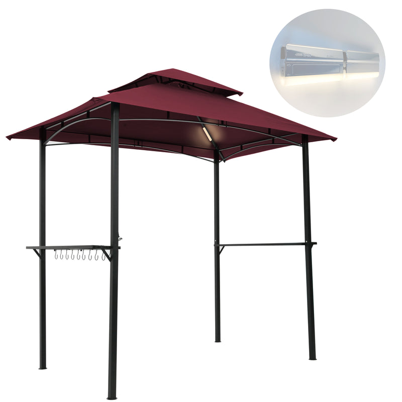 Outdoor Grill Gazebo With Light, 8 x 5 Ft Shelter Tent, Double Tier Soft Top Canopy And Steel Frame With Hook And Bar Counters, Burgundy