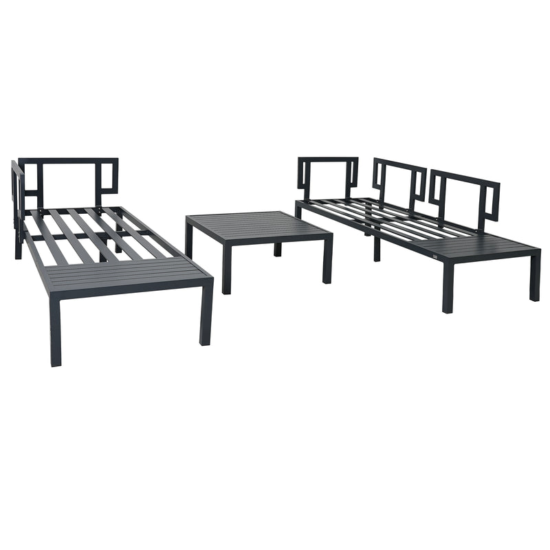 Outdoor 3-piece Aluminum Alloy Sectional Sofa Set with End Table and Coffee Table,Black Frame+Gray Cushion