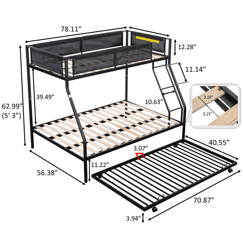 Twin over Full Metal Bunk Bed with Trundle (Wood Slat and Textilene Guardrail)