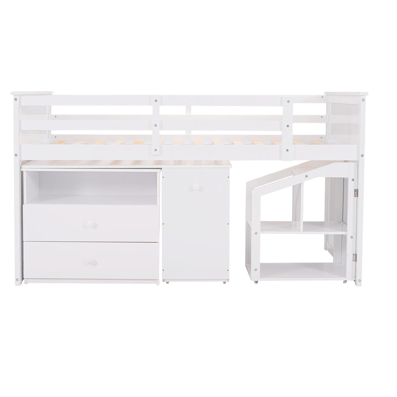 Loft Bed Low Study Twin Size Loft Bed With Storage Steps and Portable,Desk,White