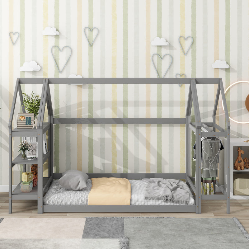 Twin House-Shaped Floor Bed with 2 Detachable Stands,Gray