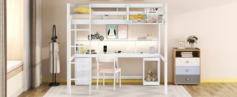 Full Size Loft Bed with Multi-storage Desk, LED light and Bedside Tray, Charging Station, White