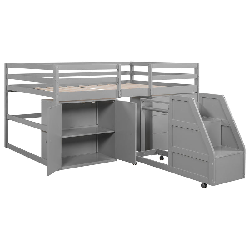 Full Size Functional Loft Bed with Cabinets and Drawers, Hanging Clothes at the back of the Staircase, Gray