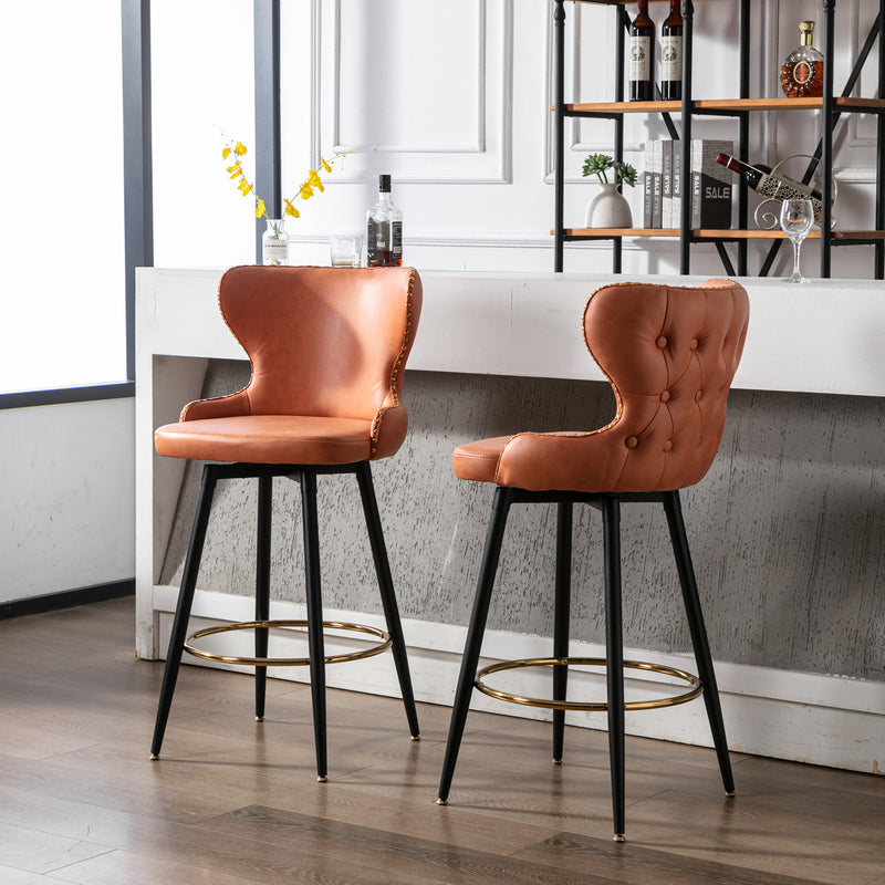 29" Modern Fabric Faux Leather bar chairs,180° Swivel Bar Stool Chair for Kitchen,Tufted Gold Nailhead Trim Gold Decoration Bar Stools with Metal Legs,Set of 2 (Orange)