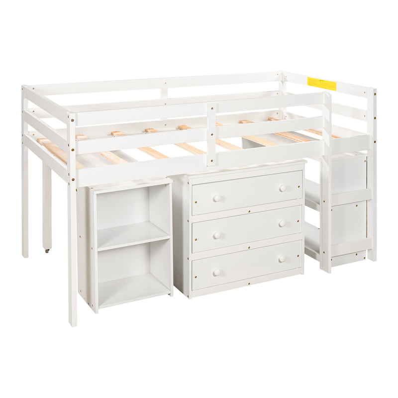 Low Study Twin Loft Bed with Cabinet and Rolling Portable Desk