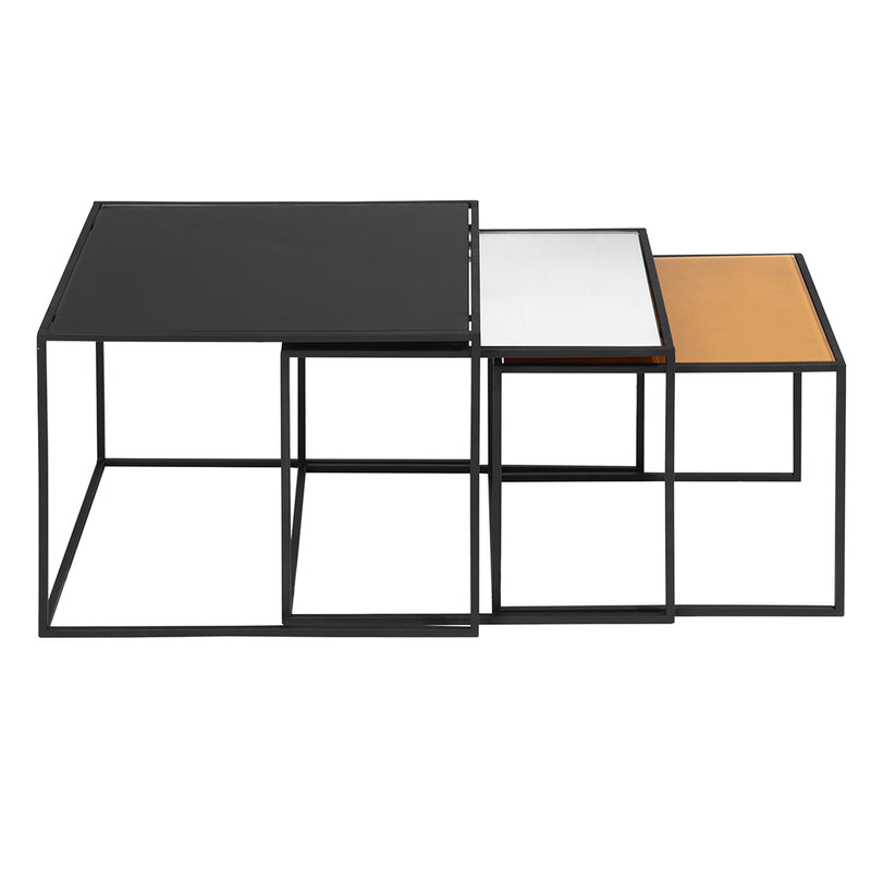 3-Piece Mirror Top Nesting Coffee Table End/Side Table Set in Black Steel Tube