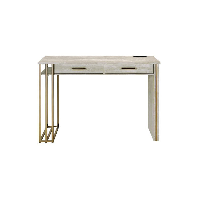 Built-in USB Port Writing Desk, Antique White & Gold Finish