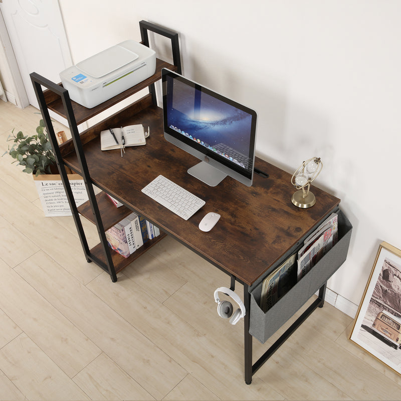 High-quality and multi-function, 47-inch H-shaped computer desk, with bookshelf, with fabric drawer, with earphone hook, easy to assemble