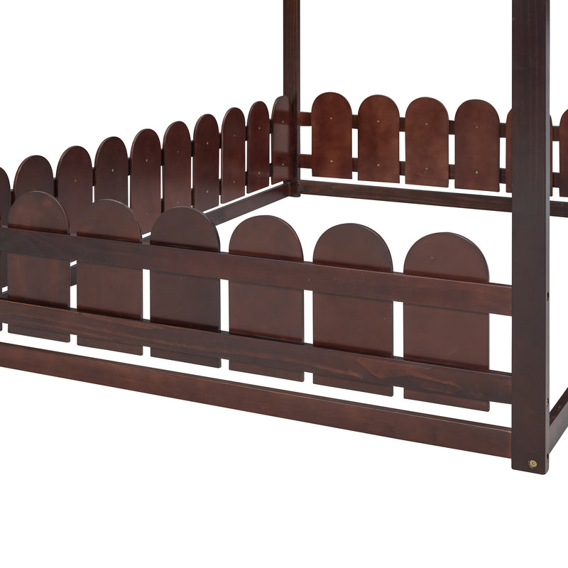 （Slats are not included) Full Size Wood Bed House Bed Frame with Fence, for Kids, Teens, Girls, Boys (Espresso )