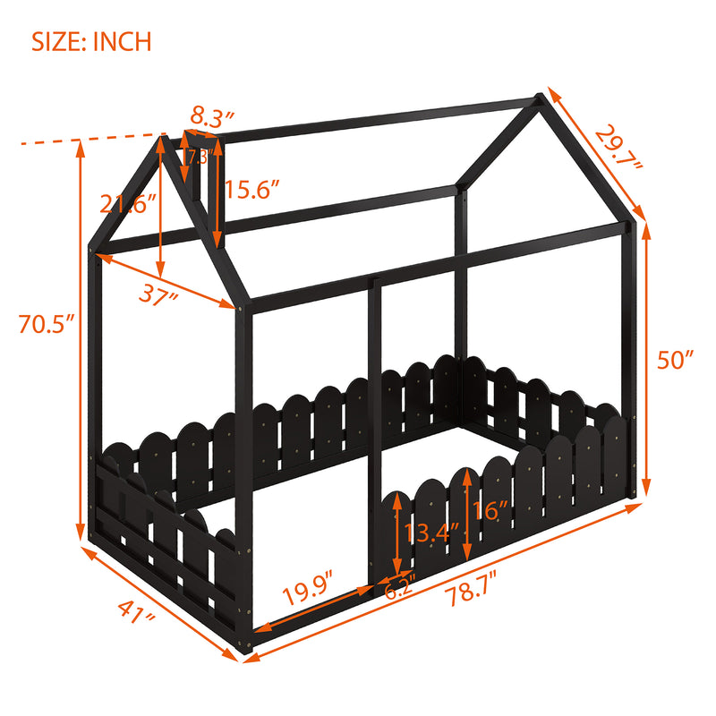 （Slats are not included) Twin Size Wood Bed House Bed Frame with Fence, for Kids, Teens, Girls, Boys (Espresso )