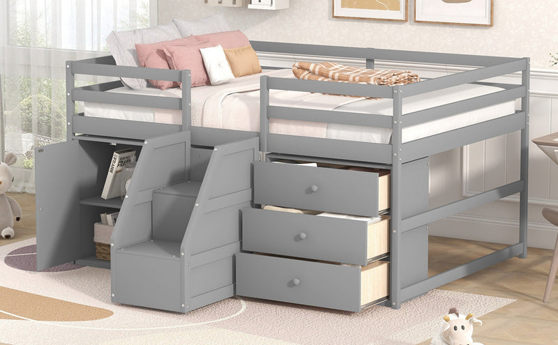 Full Size Functional Loft Bed with Cabinets and Drawers, Hanging Clothes at the back of the Staircase, Gray