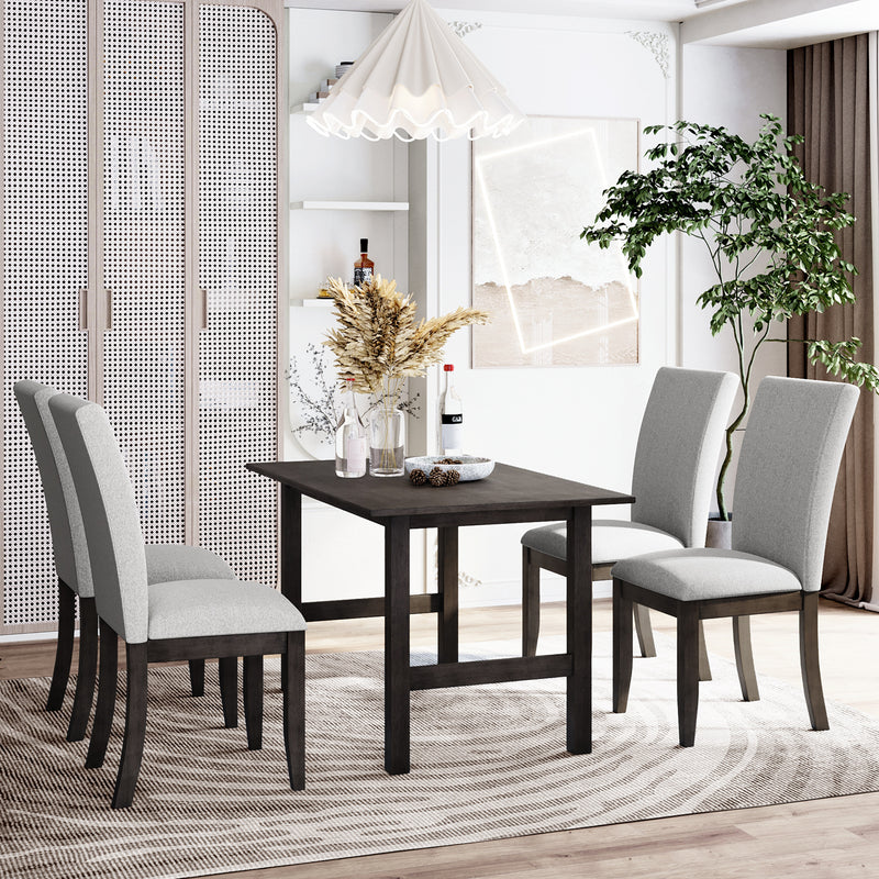 Farmhouse 5-Piece Wood Dining Table Set for 4, Kitchen Furniture Set with 4 Upholstered Dining Chairs for Small Places, Gray Table+Gray Chair