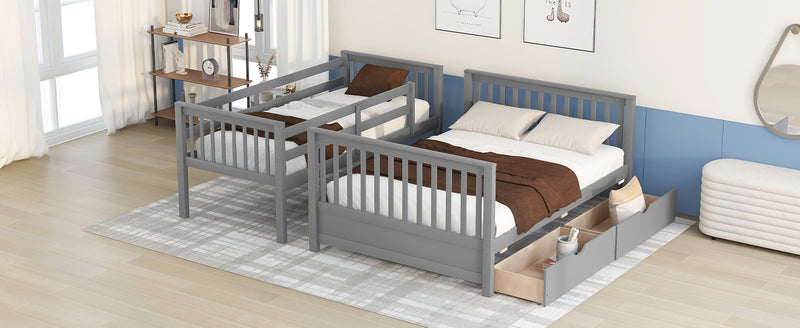 Twin-Over-Full Bunk Bed with Ladders and Two Storage Drawers(Gray)