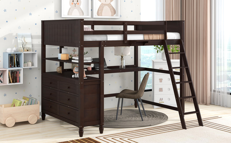 Full size Loft Bed with Drawers and Desk, Wooden Loft Bed with Shelves - Espresso