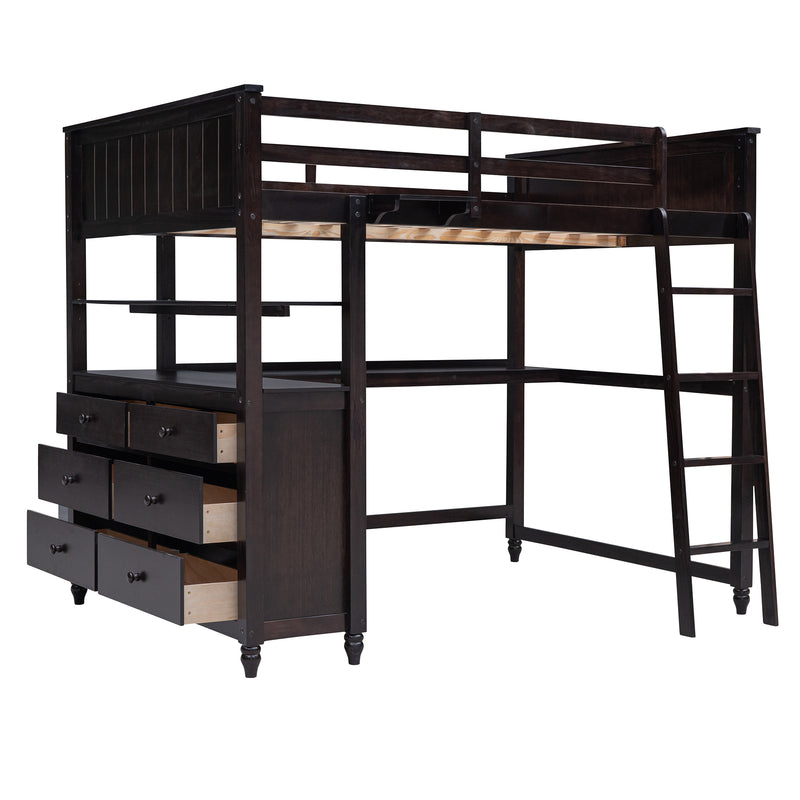 Full size Loft Bed with Drawers and Desk, Wooden Loft Bed with Shelves - Espresso