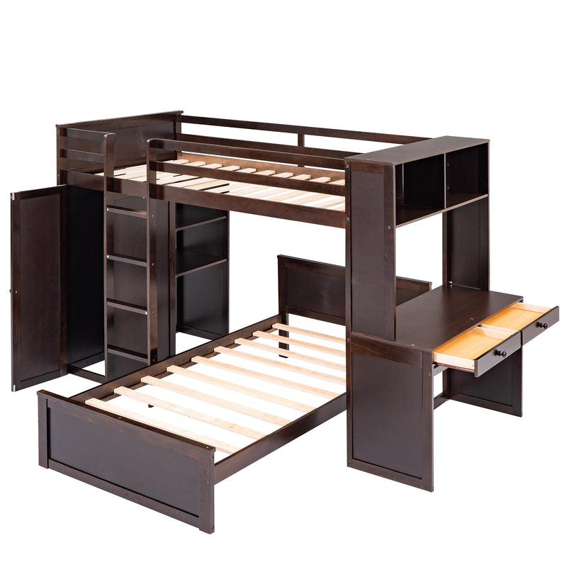 Twin size Loft Bed with a Stand-alone bed, Shelves,Desk,and Wardrobe-Espresso