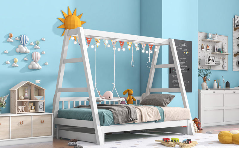 Extendable Twin Daybed with Swing and Ring Handles, White(Twin bed can be pulled out to be King)