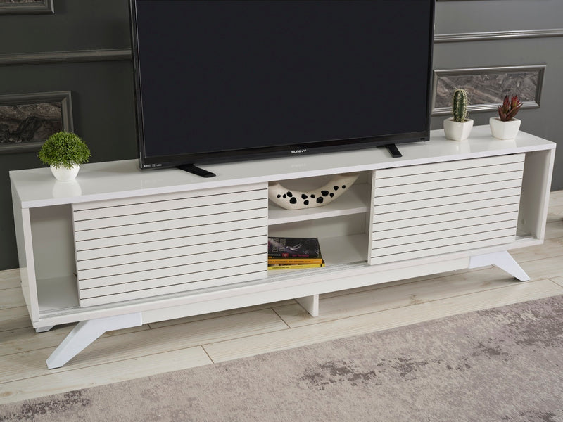 FurnisHome Store Luxia Mid Century Modern Tv Stand 2 Sliding Door Cabinet 2 Shelves 67 inch Tv Uni, White