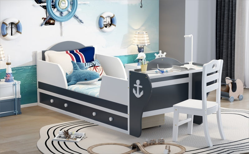 Twin Size Boat-Shaped Platform Bed with Two Drawers,Twin Bed with Desk and Chair for Bedroom,White+Gray