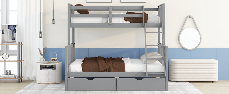 Twin-Over-Full Bunk Bed with Ladders and Two Storage Drawers(Gray)