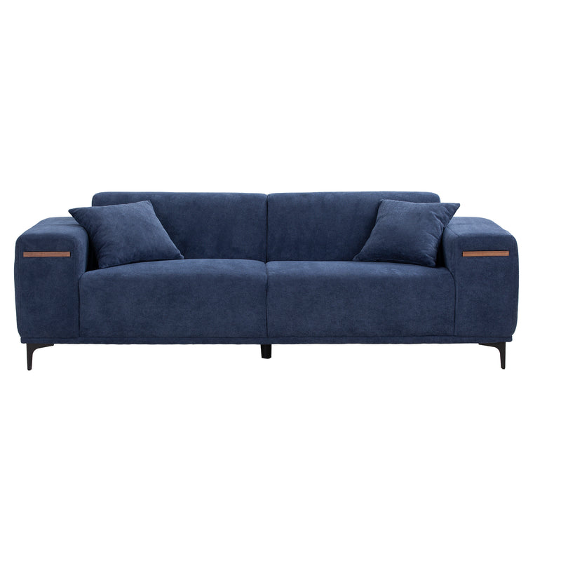 90'' Mid-Century 3 Seater Sofa with 2 Stretchable Walnut Pad Modern Fabric Upholstered Sofa for livingroom lobby office Blue