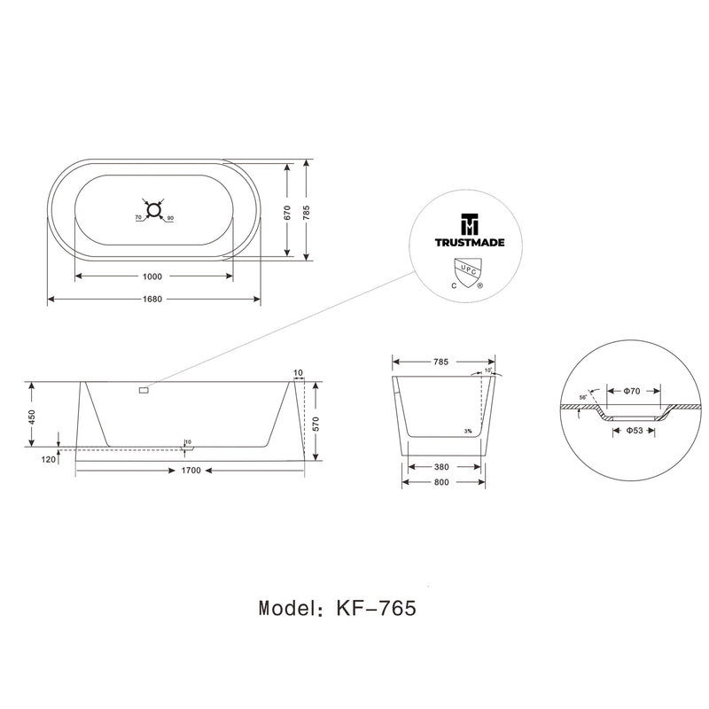 67 inch 100% Acrylic Freestanding Bathtub Contemporary Soaking Tub with Brushed Nickel Overflow and Drain