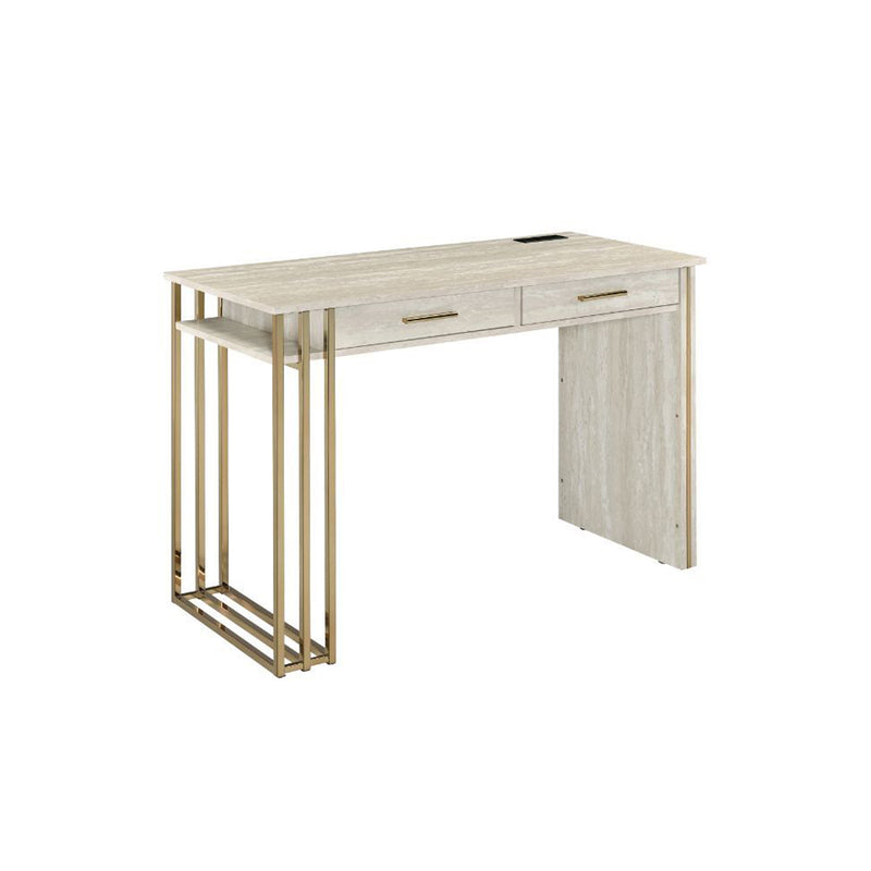 Built-in USB Port Writing Desk, Antique White & Gold Finish