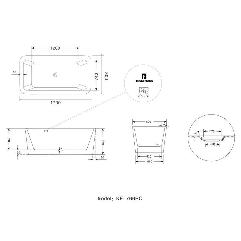 67 inch 100% Acrylic Freestanding Bathtub Contemporary Soaking Tub with Brushed Nickel Overflow and Drain