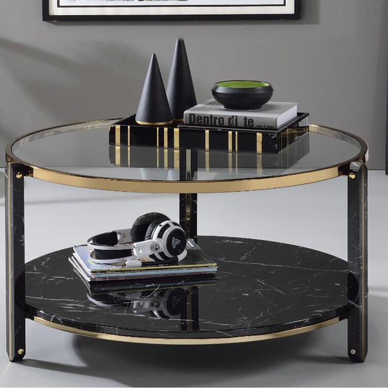 Metal Frame Round Coffee Table With Clear Glass Top Marble Shelf