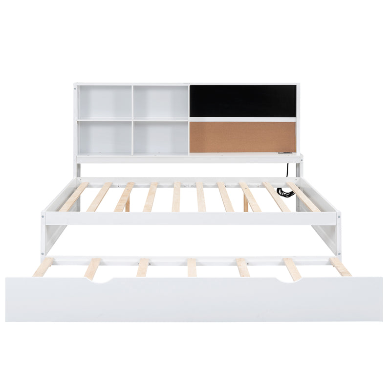 Full Size Daybed with Storage Shelves, Blackboard, Cork board, USB Ports and Twin Size Trundle, White