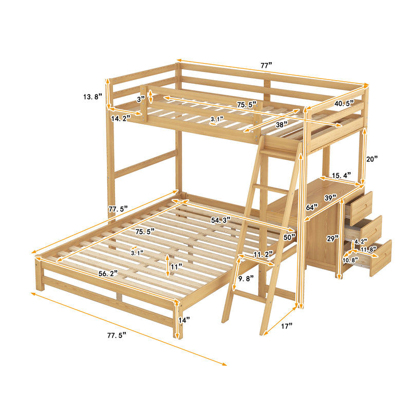 Twin over Full Bunk Bed with Built-in Desk and Three Drawers, Natural