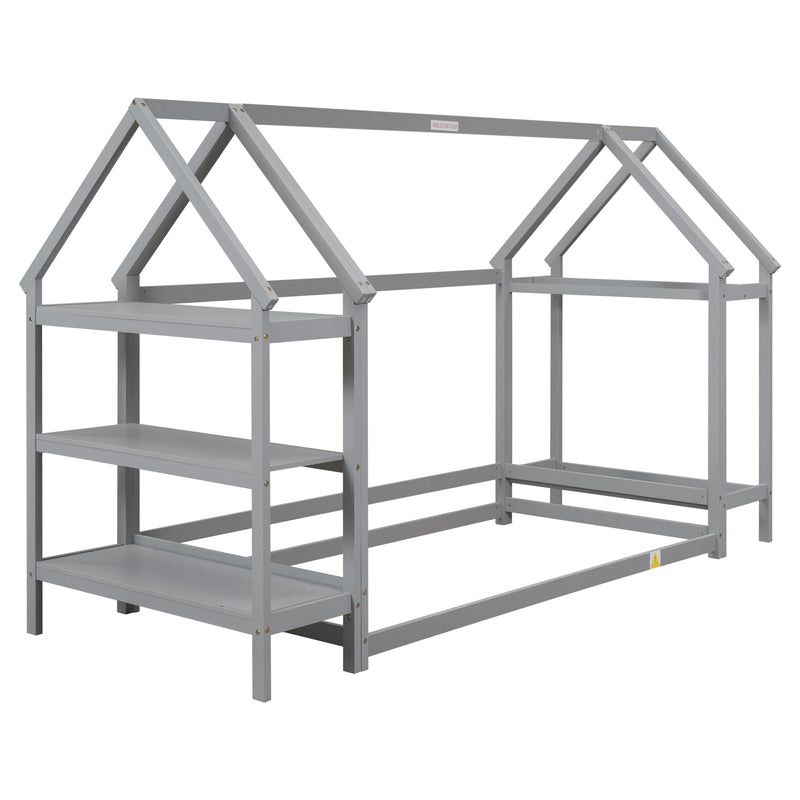 Twin House-Shaped Floor Bed with 2 Detachable Stands,Gray