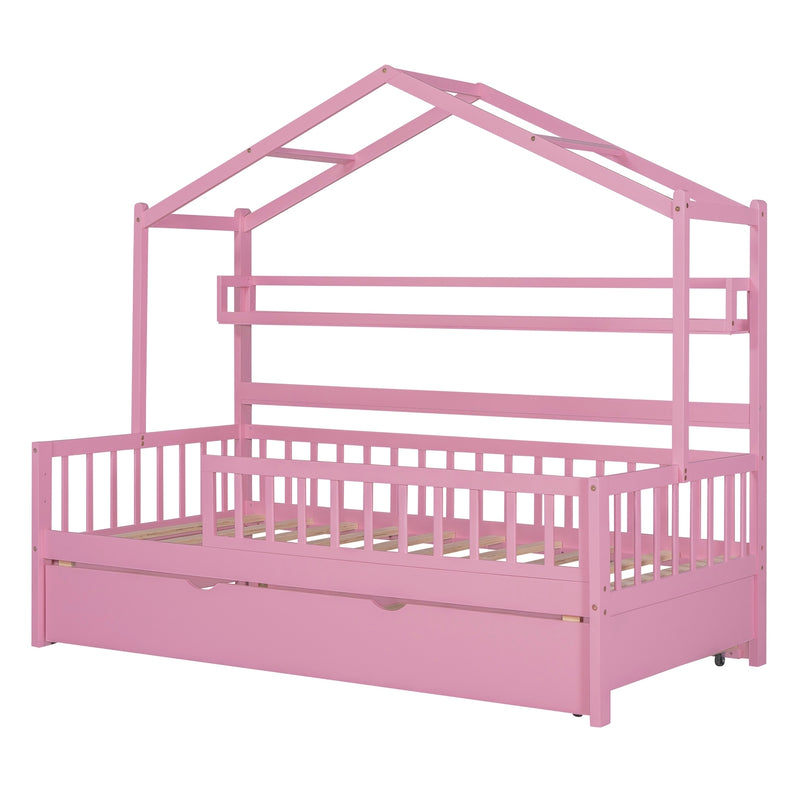 Wooden Twin Size House Bed with Trundle,Kids Bed with Shelf, Pink