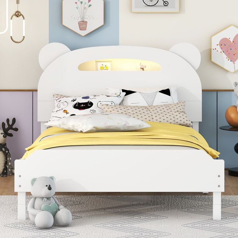 Twin Size Wood Platform Bed with Bear-shaped Headboard,Bed with Motion Activated Night Lights,White