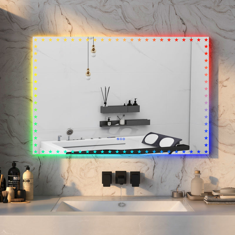 60X40 inch LED Bathroom Mirror with Lights Backlit RGB Color Changing Lighted Mirror for Bathroom Wall Dimmable Anti-Fog Memory Rectangular Vanity Mirror (RGB Multicolor Backlit + Front-Lighted