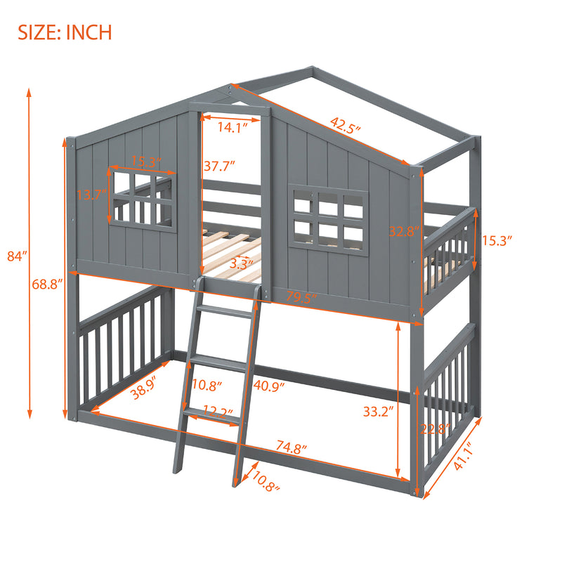 Twin Over Twin House Bunk Bed With Ladder, Wood Bed-Gray